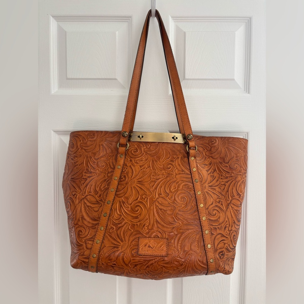 Patricia Nash | Benvenuto Embroidered Signature Leather Tote Bag Purse Tan